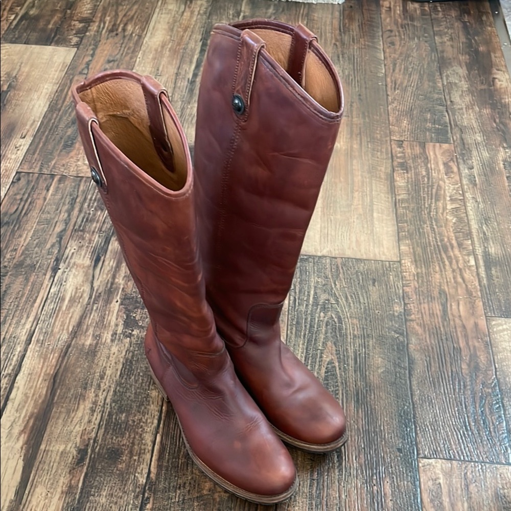 Frye Brown Leather Melissa Button Lug Tall Boots